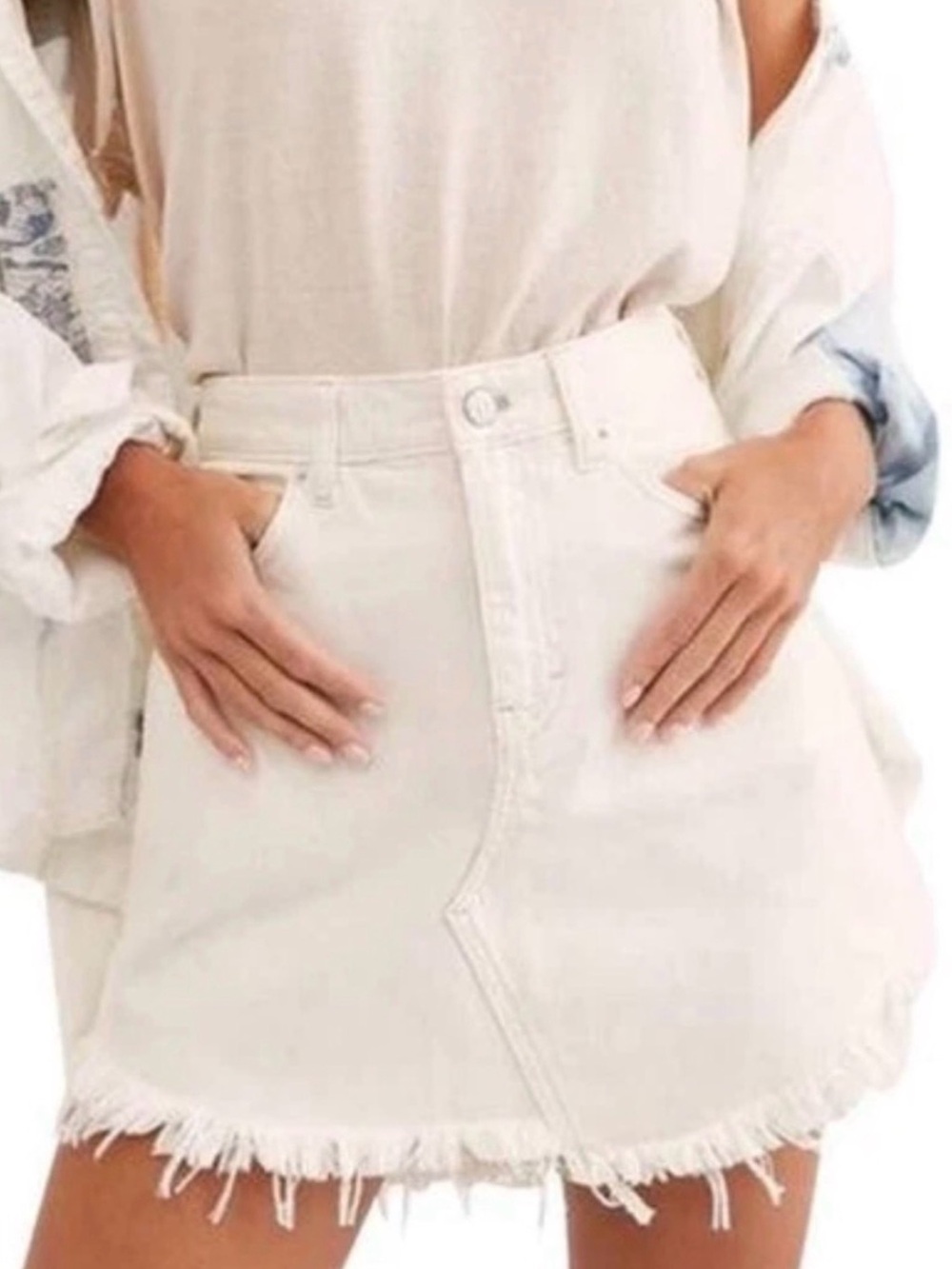 Free People Bailey Fringe Denim Mini Skirt Size 31 Coconut White NEW With Tags